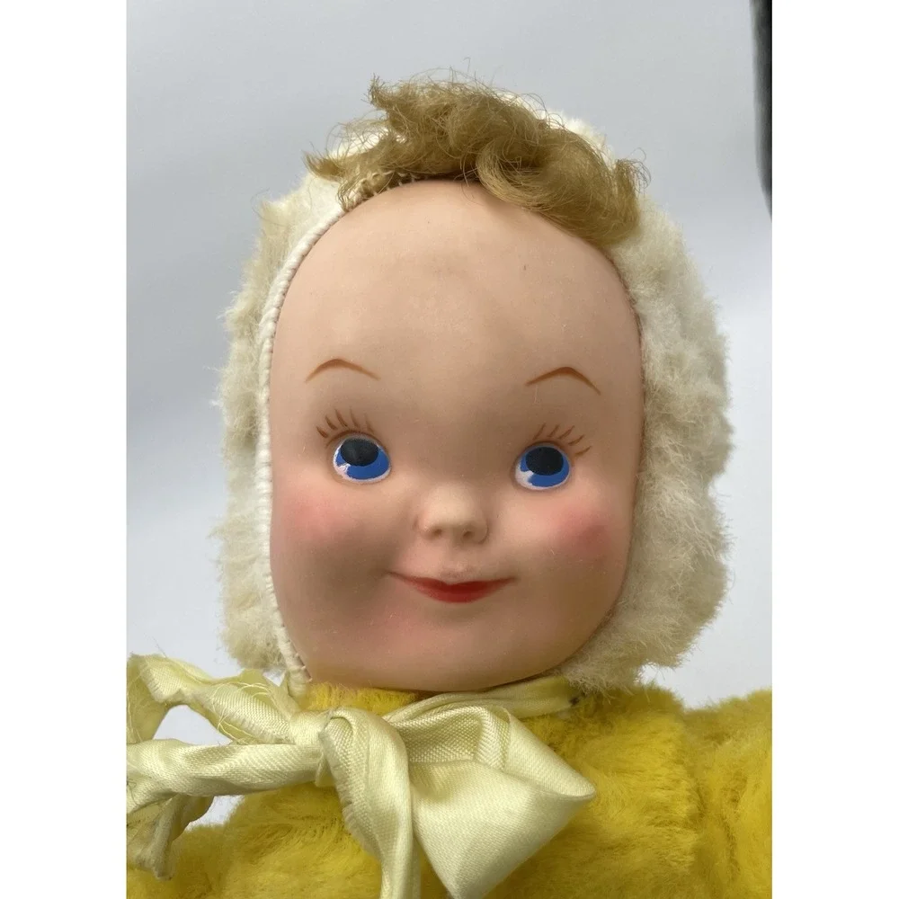 Vintage Rubber Sweet Face Baby Doll Yellow‎ Suit Brown Hair Moving Arms Rushton?
